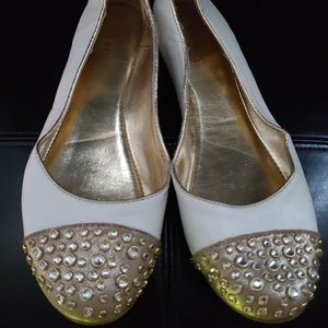 Nine West White/Gold Flat Slip-on Rhinestone  Ballet Shoes 